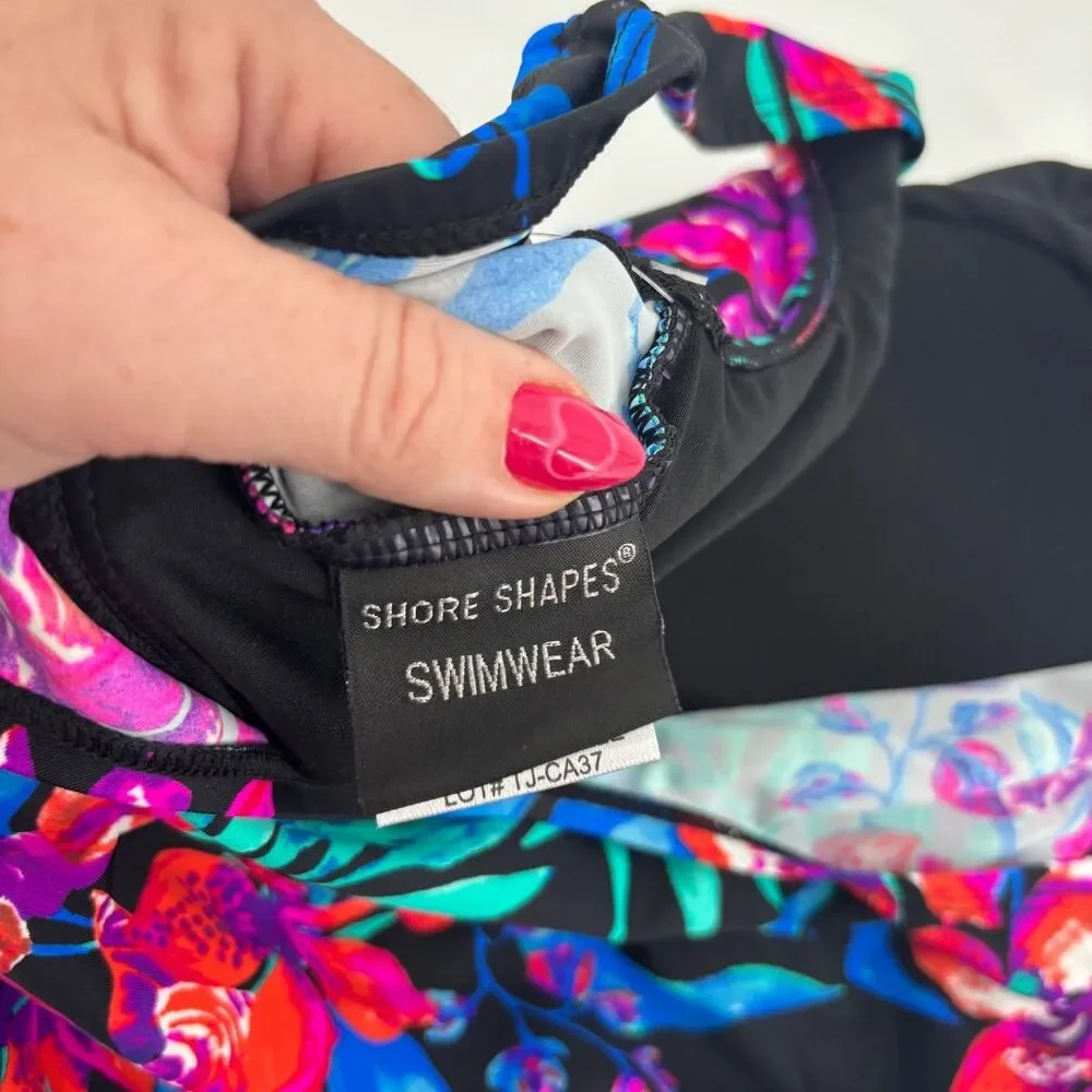 Shore Shapes Swimdress Women 16 Black Floral‎ New Asymmetrical Side Cinch sides